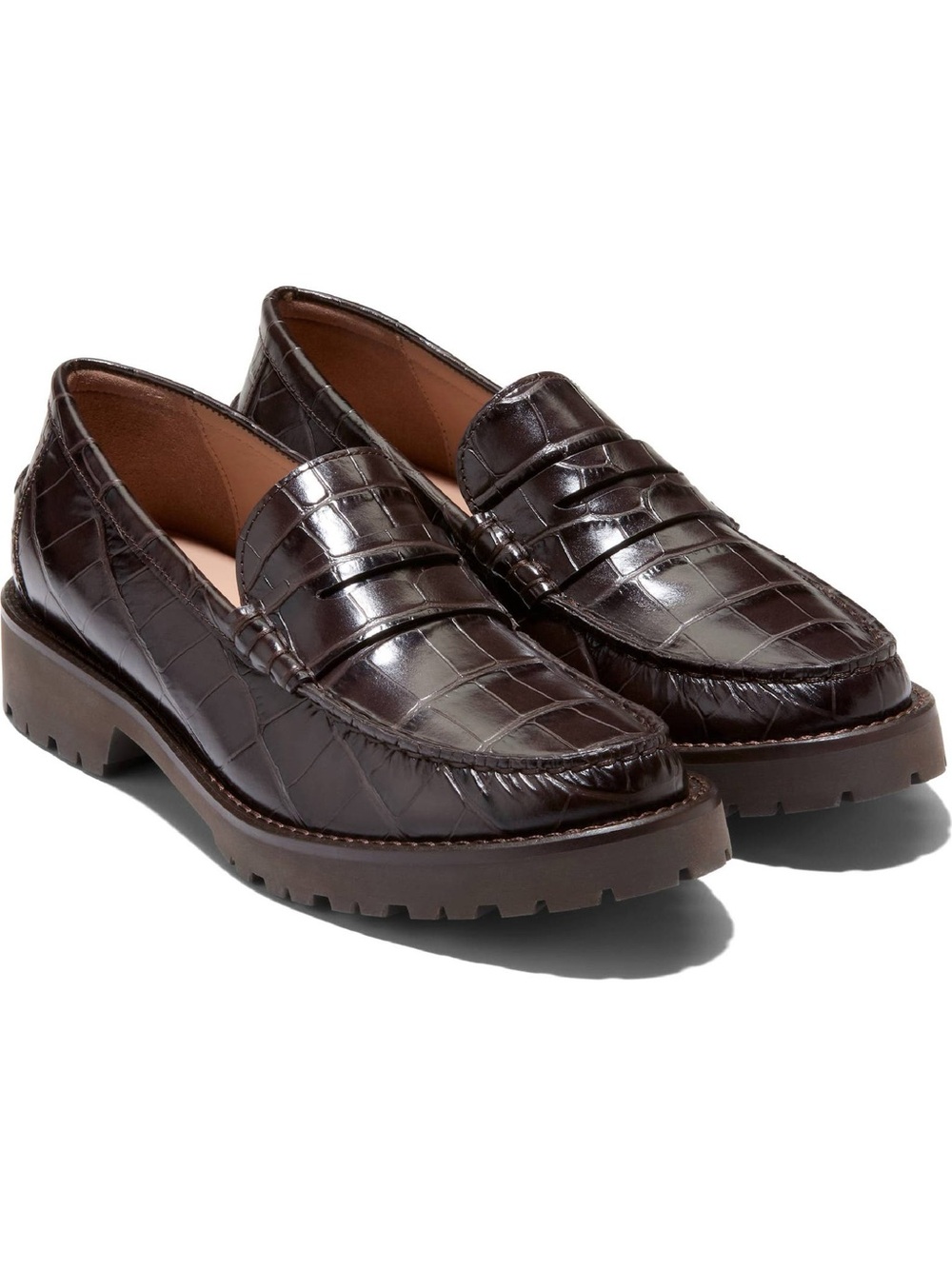 Cole Haan Dark Brown Croc-Embossed Leather Penny Loafers